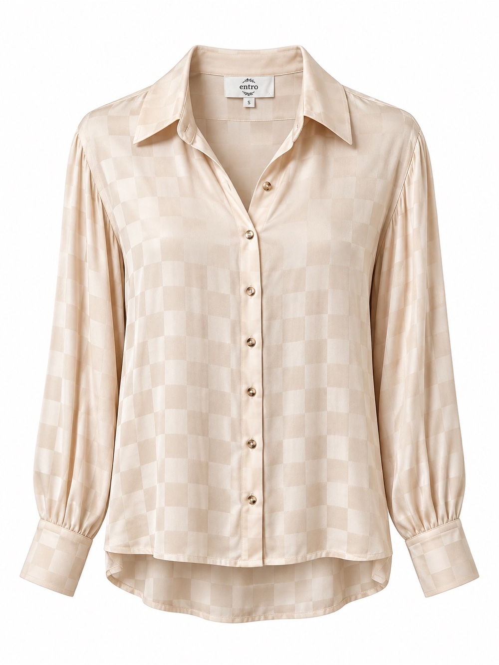 Entro Champagne Checkerboard Jacquard Button Down Blouse Size S